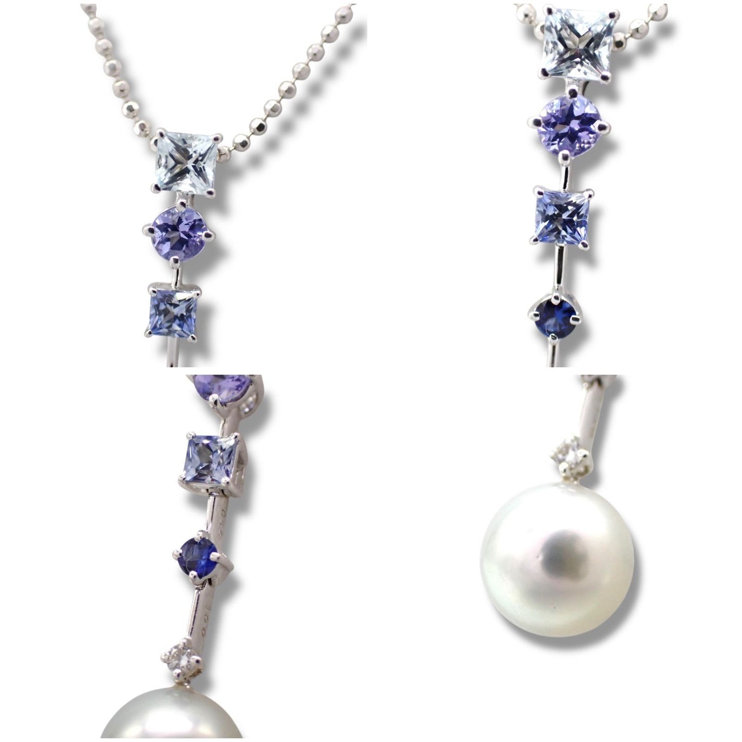 Tasaki pearl necklace with drop pendant featuring diamonds and colored gemstones on a white gold chain