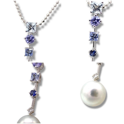 Tasaki pearl necklace with drop pendant featuring diamonds and colored gemstones on a white gold chain
