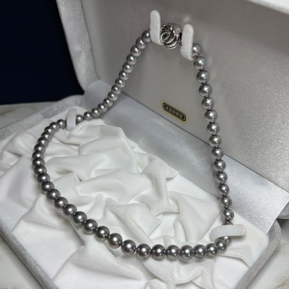 Akoya genuine pearl necklace with gray dyed pearls and matching silk Juzu bead set with case