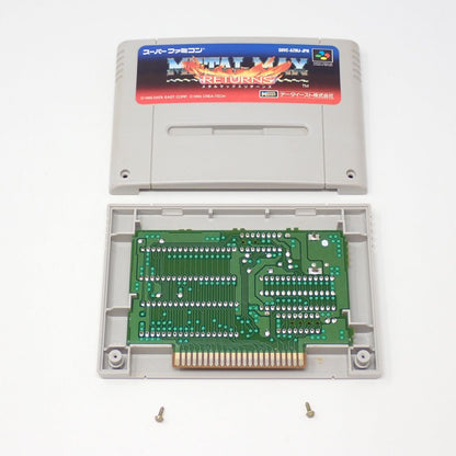 Meta Max Returns SNES game cartridge with original box, manual, and postcard in used condition