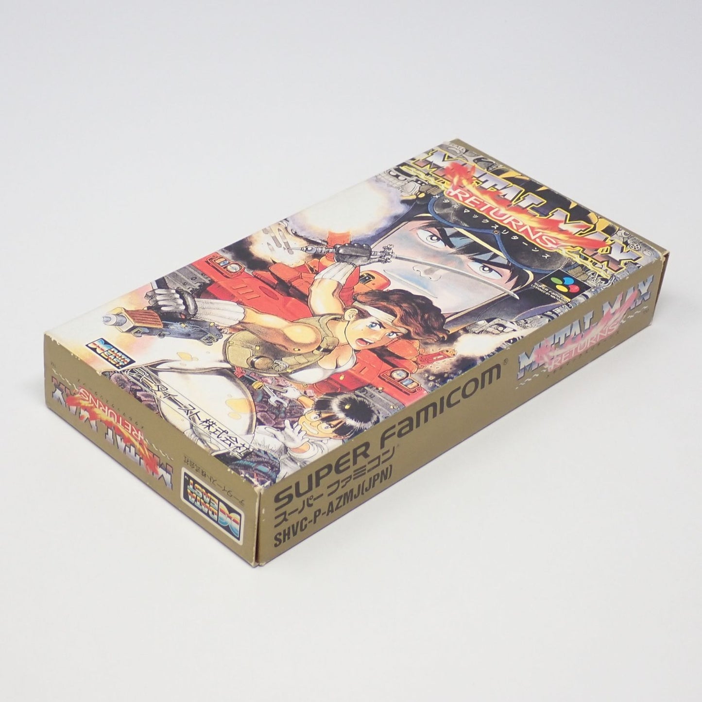 Meta Max Returns SNES game cartridge with original box, manual, and postcard in used condition