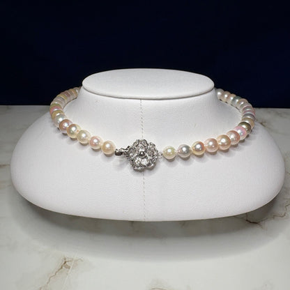 Akoya genuine pearl necklace with multi-gradient 6-10mm narrow drop pearls and silver fittings on a 43cm chain