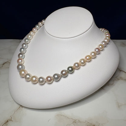 Akoya genuine pearl necklace with multi-gradient 6-10mm narrow drop pearls and silver fittings on a 43cm chain