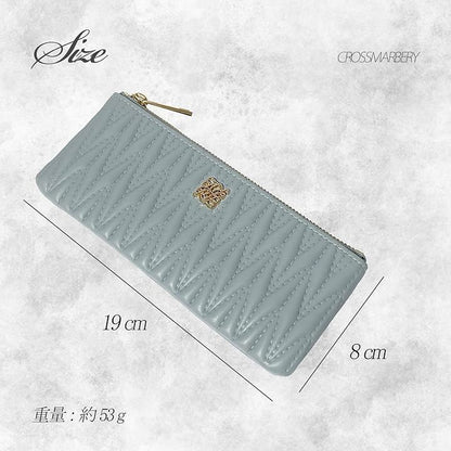 Crossmarbery slim grey leather pen case with quilted design and zipper closure, 7.5 x 3.1 inches
