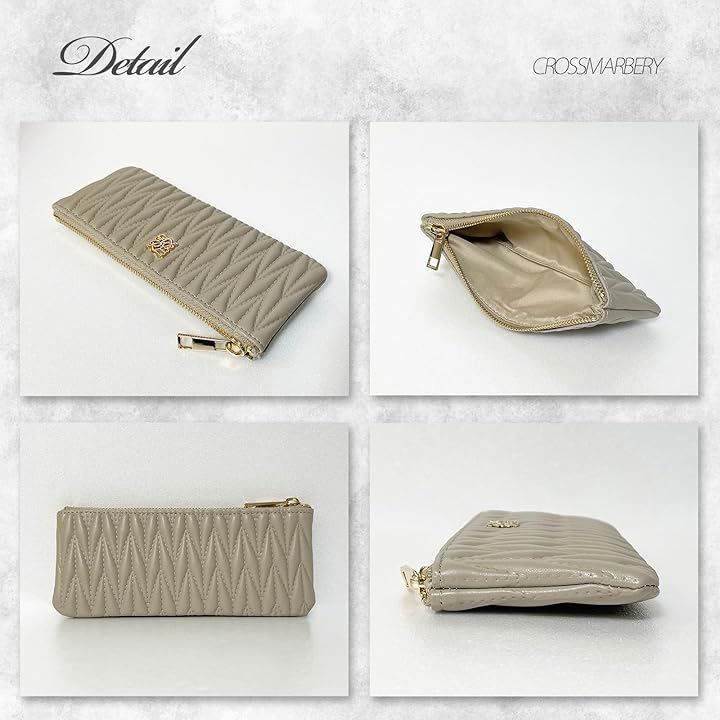 Crossmarbery slim grey leather pen case with quilted design and zipper closure, 7.5 x 3.1 inches