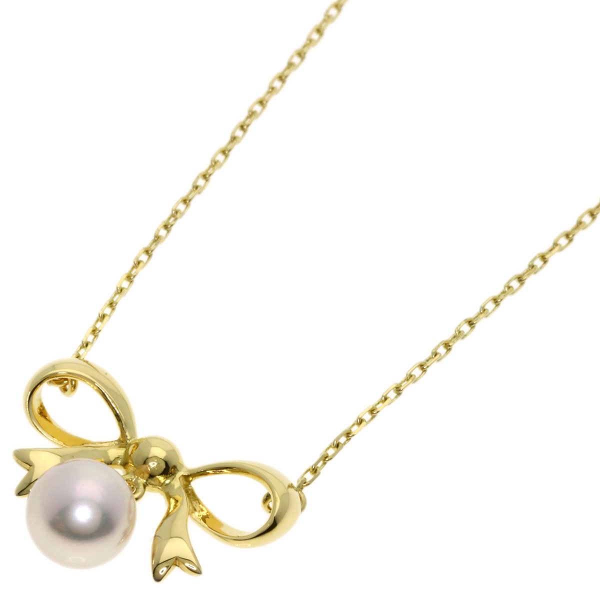 MIKIMOTO ladies ribbon motif pearl necklace in 18K yellow gold with 7.1mm pearl and 40cm chain