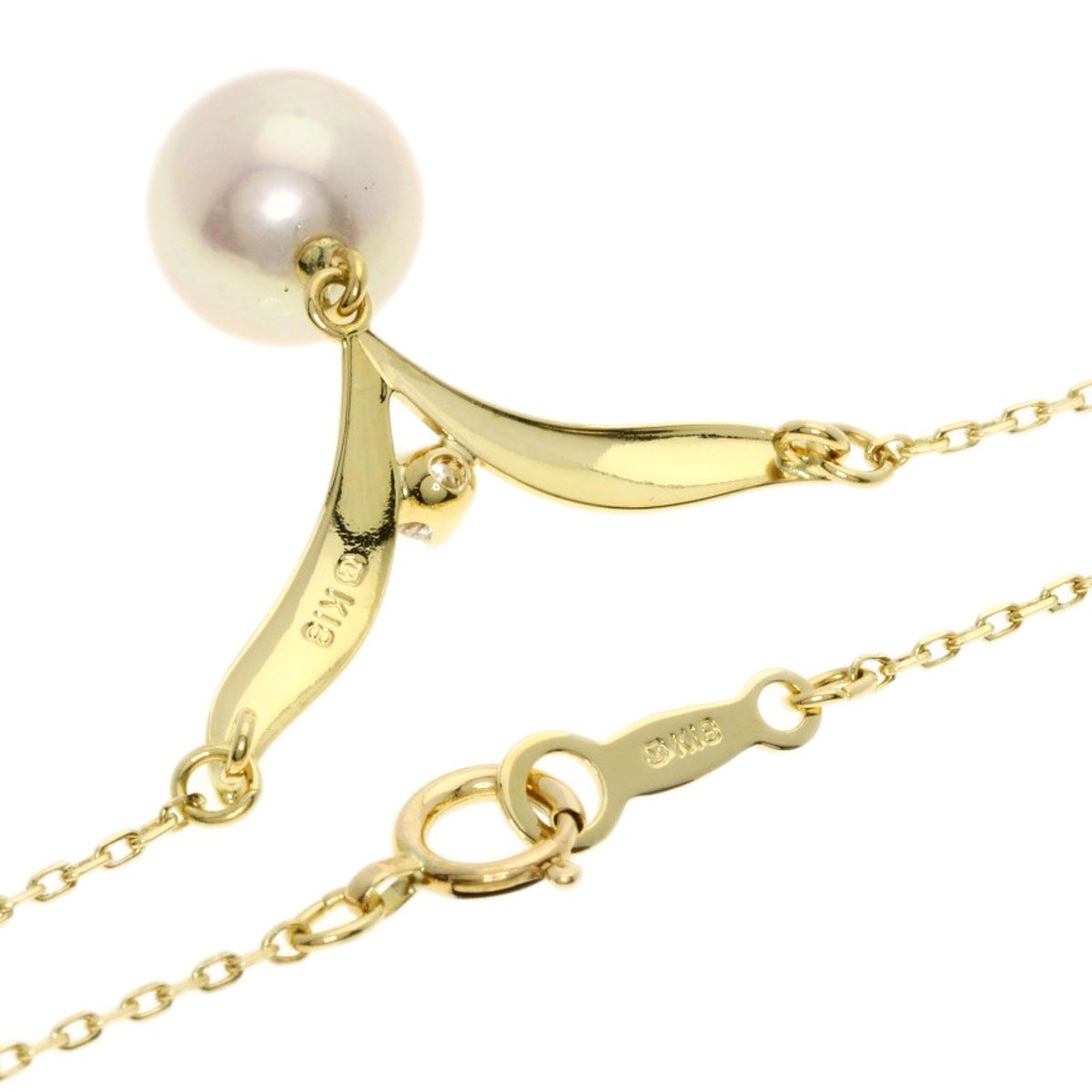 MIKIMOTO gold K18YG ladies necklace with 7.5mm pearl and diamond pendant on 42cm chain