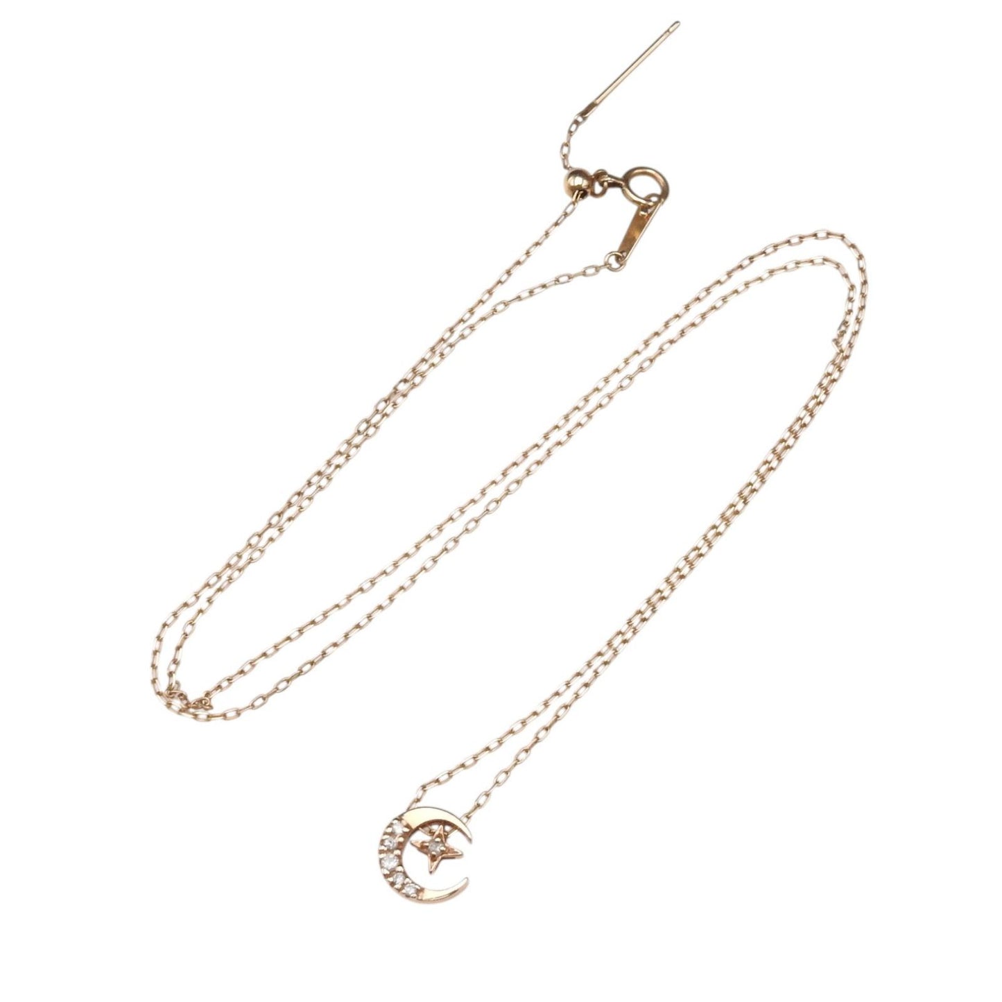 Agete pink gold necklace with 0.05ct diamonds featuring hollow moon and star motifs