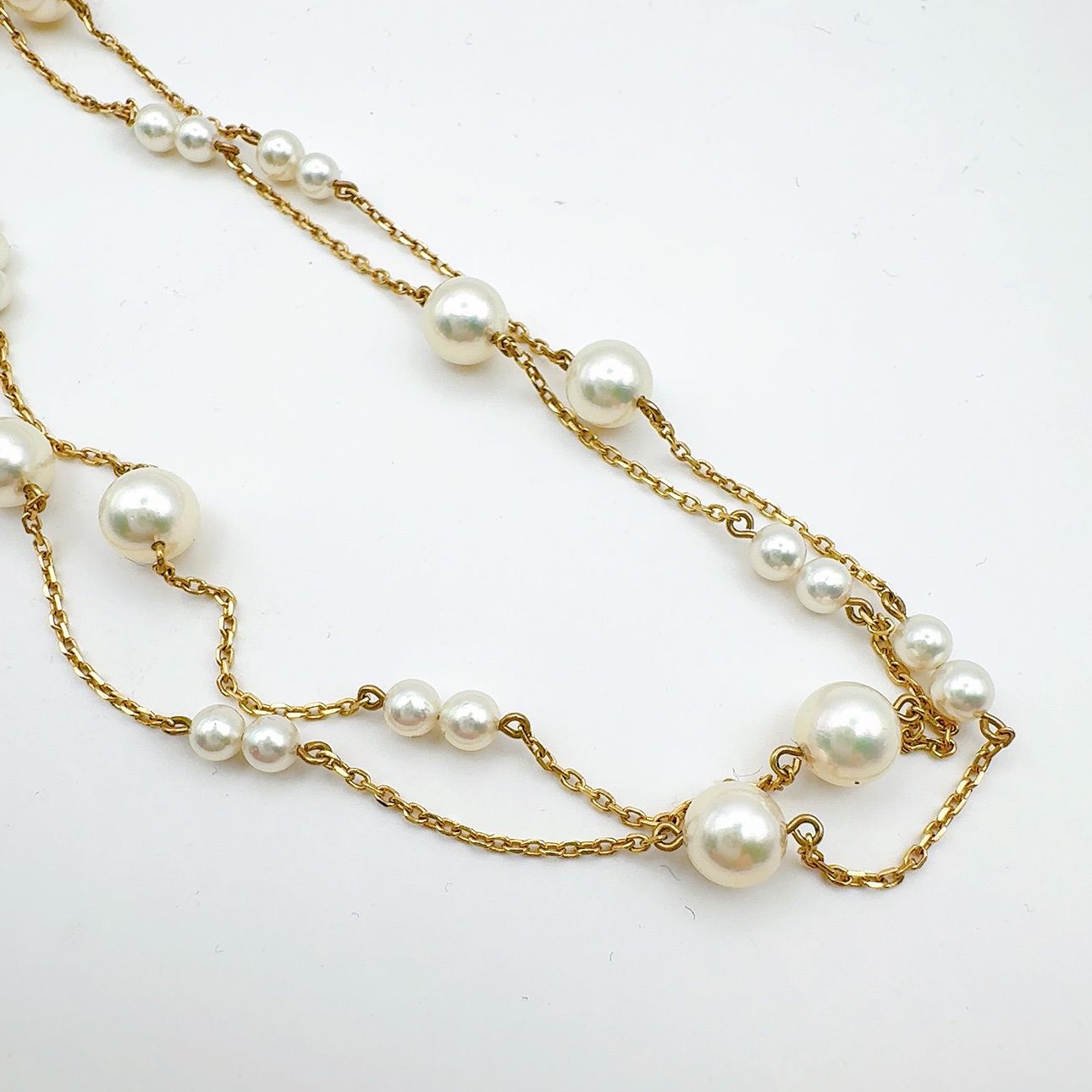 Mikimoto station pearl necklace with 3.7-6.4mm pearls on a 67cm K14 chain weighing 7.4g