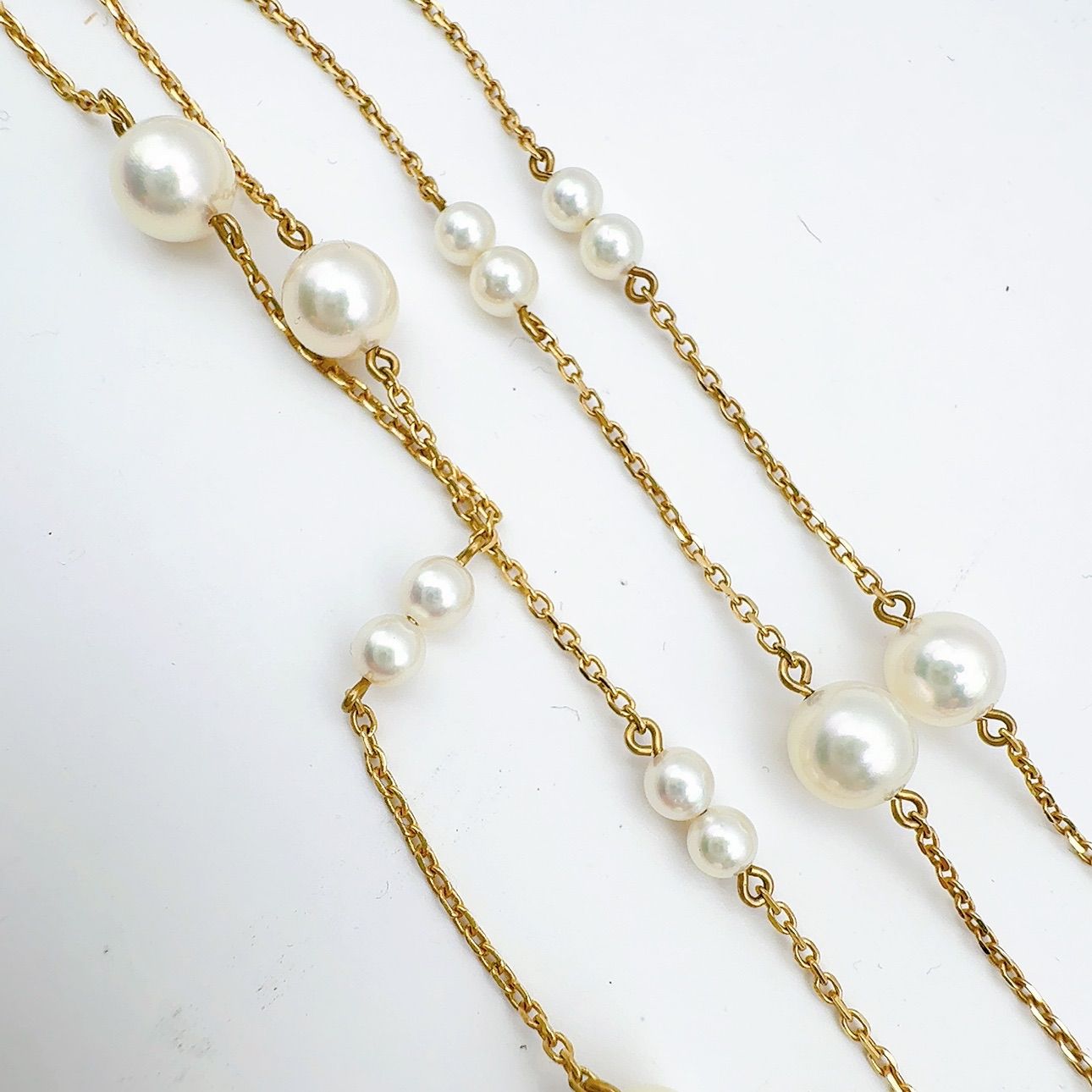 Mikimoto station pearl necklace with 3.7-6.4mm pearls on a 67cm K14 chain weighing 7.4g
