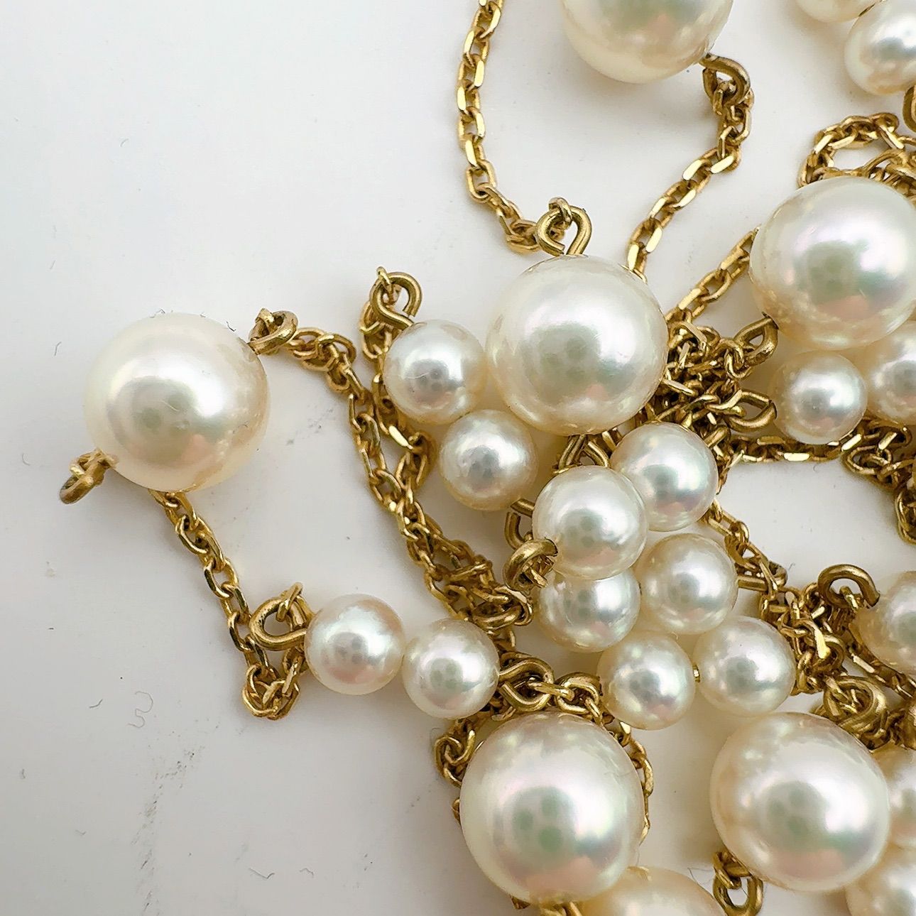 Mikimoto station pearl necklace with 3.7-6.4mm pearls on a 67cm K14 chain weighing 7.4g