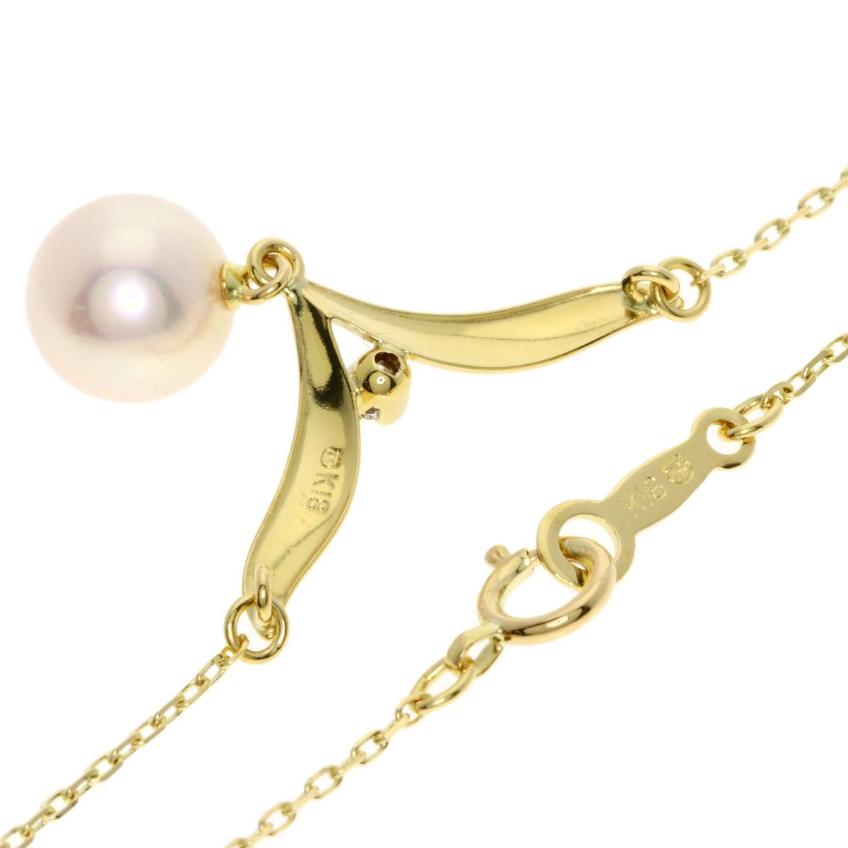 Mikimoto K18YG gold tone ladies necklace with pearl and diamond pendant and 42cm chain length