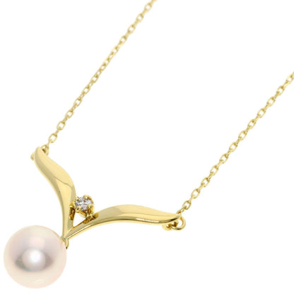 Mikimoto K18YG gold tone ladies necklace with pearl and diamond pendant and 42cm chain length