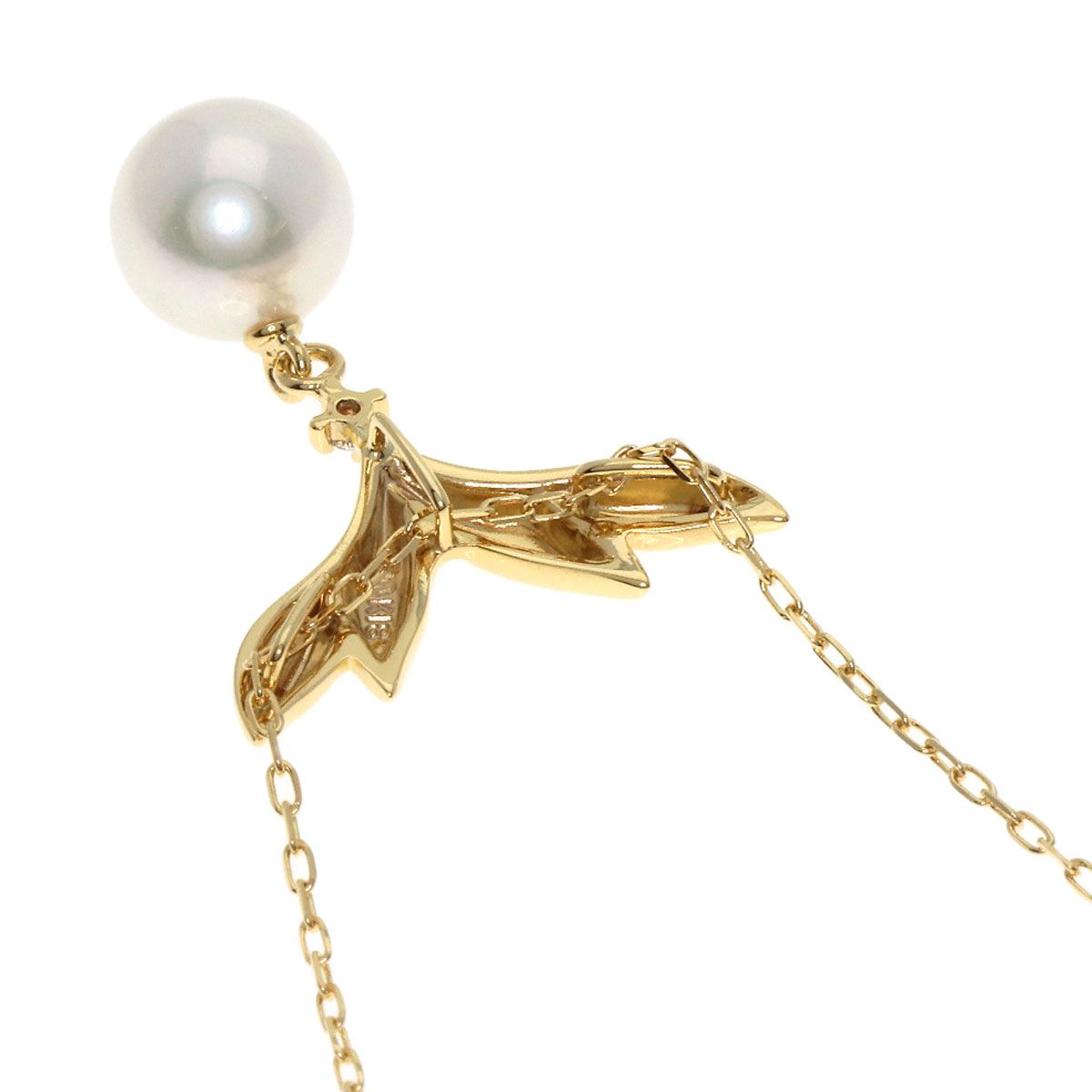 MIKIMOTO pearl and diamond necklace in K18 yellow gold with 40cm chain, displayed on white background