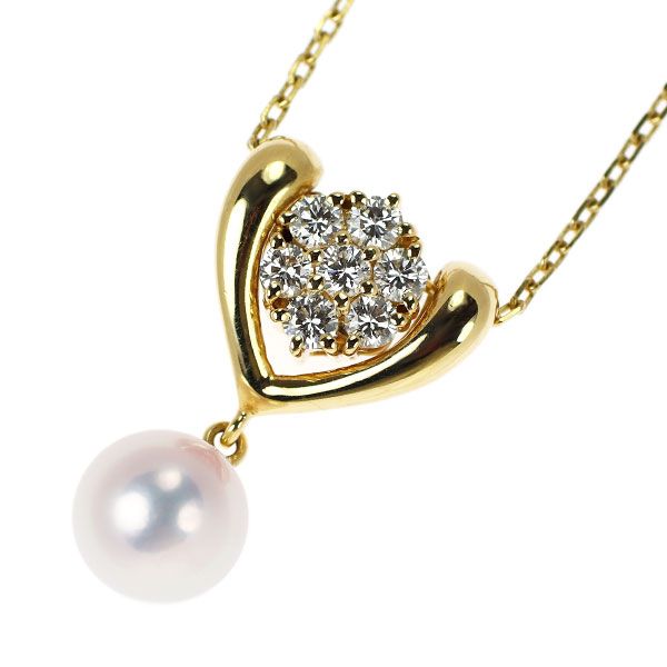 Mikimoto K18YG Akoya pearl pendant necklace with seven diamonds in yellow gold two-way design