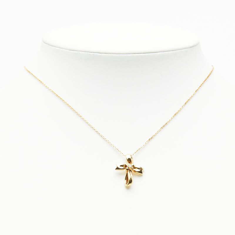 Mikimoto Cross Ribbon one-piece yellow gold necklace with small diamond pendant on 40cm chain