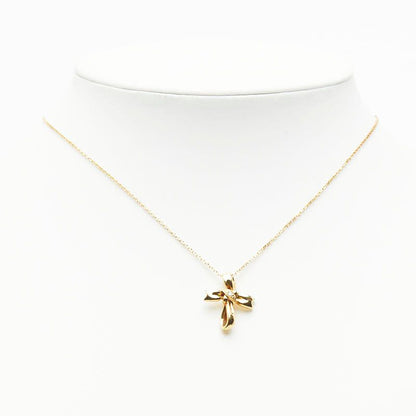 Mikimoto Cross Ribbon one-piece yellow gold necklace with small diamond pendant on 40cm chain