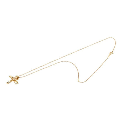 Mikimoto Cross Ribbon one-piece yellow gold necklace with small diamond pendant on 40cm chain