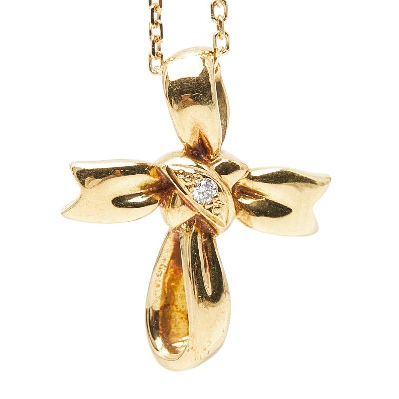 Mikimoto Cross Ribbon one-piece yellow gold necklace with small diamond pendant on 40cm chain