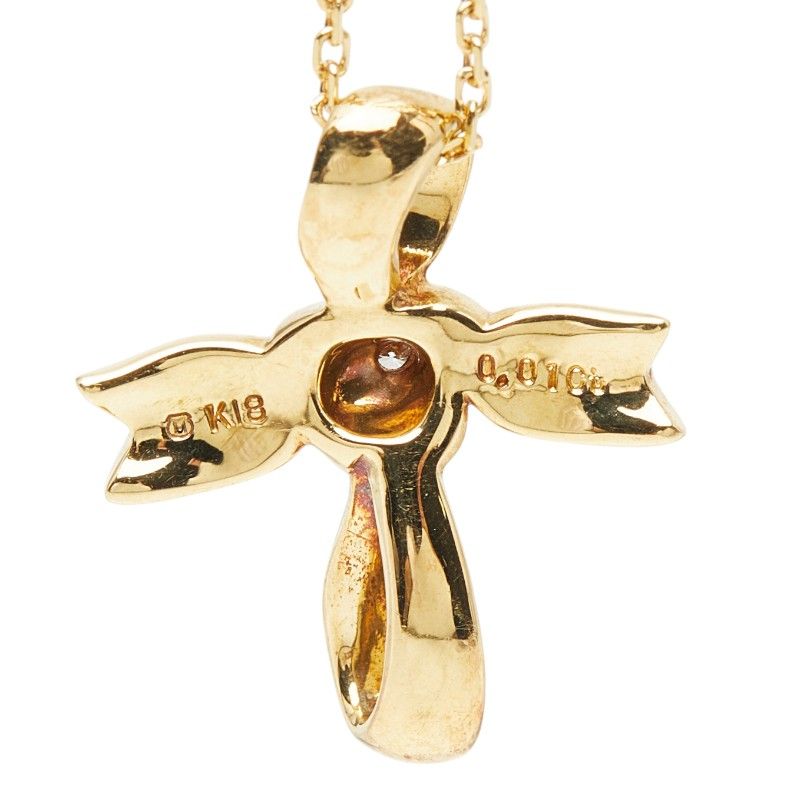 Mikimoto Cross Ribbon one-piece yellow gold necklace with small diamond pendant on 40cm chain