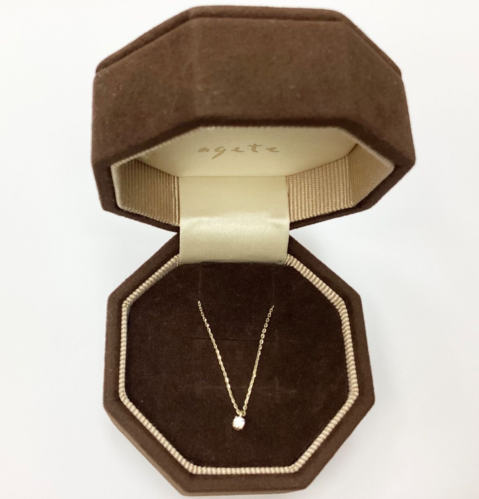 Agete K10 gold necklace with 0.05ct diamond, adjustable 36-40cm chain