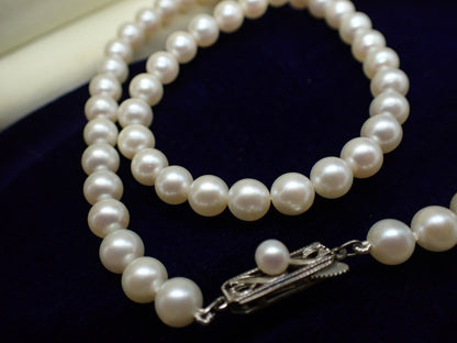 Mikimoto Akoya pearl necklace with 6mm round pearls and a silver clasp measuring 42cm in length