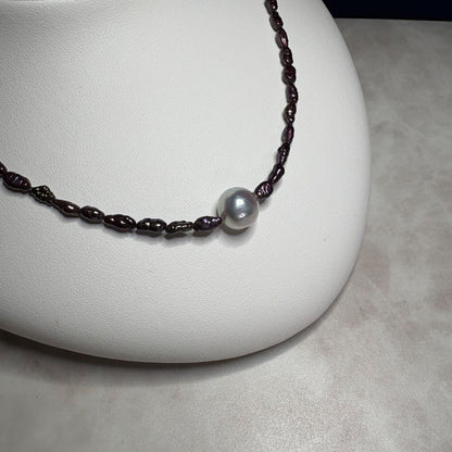 Akoya genuine pearl freshwater necklace with 10mm purple multi pearls and brass magnetic clasp, 48cm length