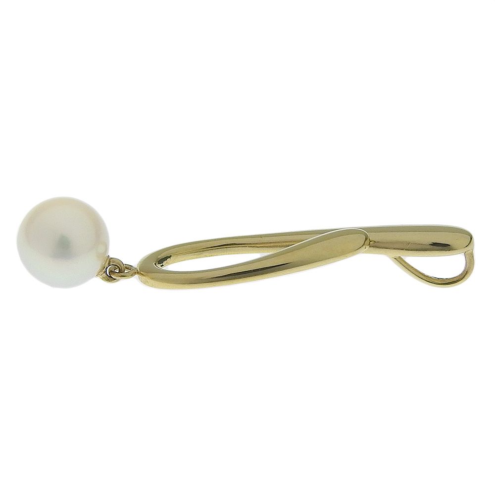 Mikimoto pendant top with white 7mm Akoya cultured pearl set in 14K yellow gold, measuring 0.8cm by 3.5cm