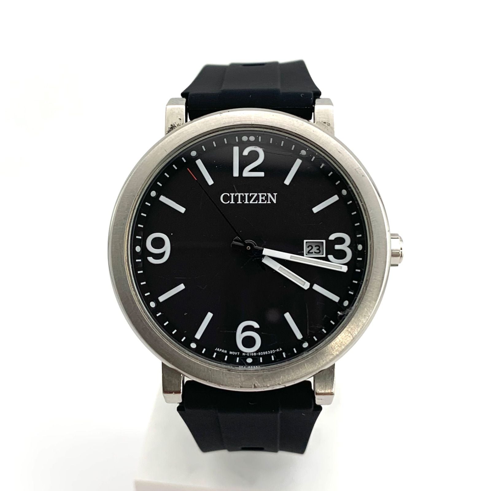 中古CITIZEN E168 Eco-Drive black watch with stainless steel case and new rubber band showing date display