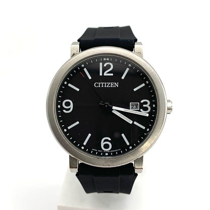 中古CITIZEN E168 Eco-Drive black watch with stainless steel case and new rubber band showing date display