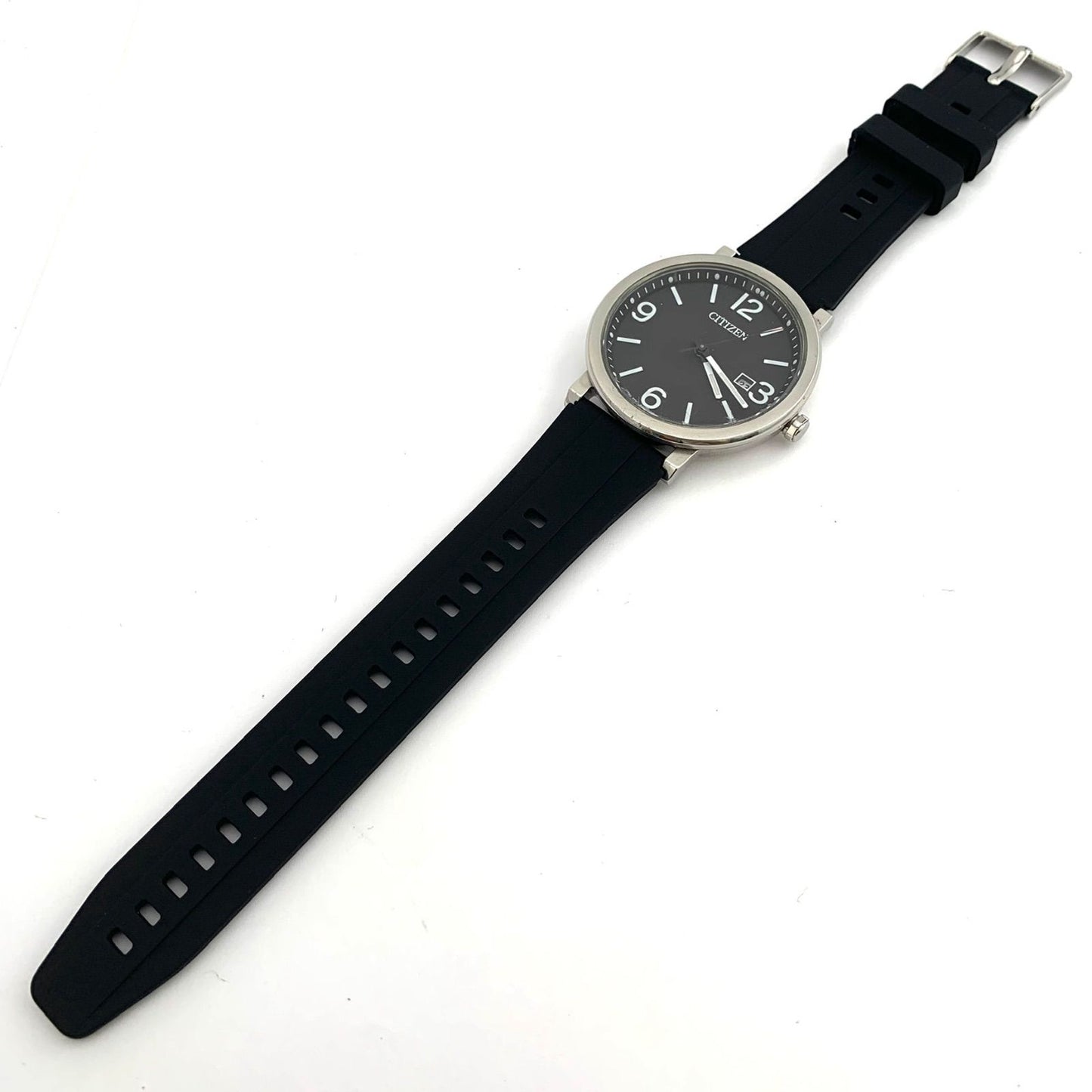 中古CITIZEN E168 Eco-Drive black watch with stainless steel case and new rubber band showing date display