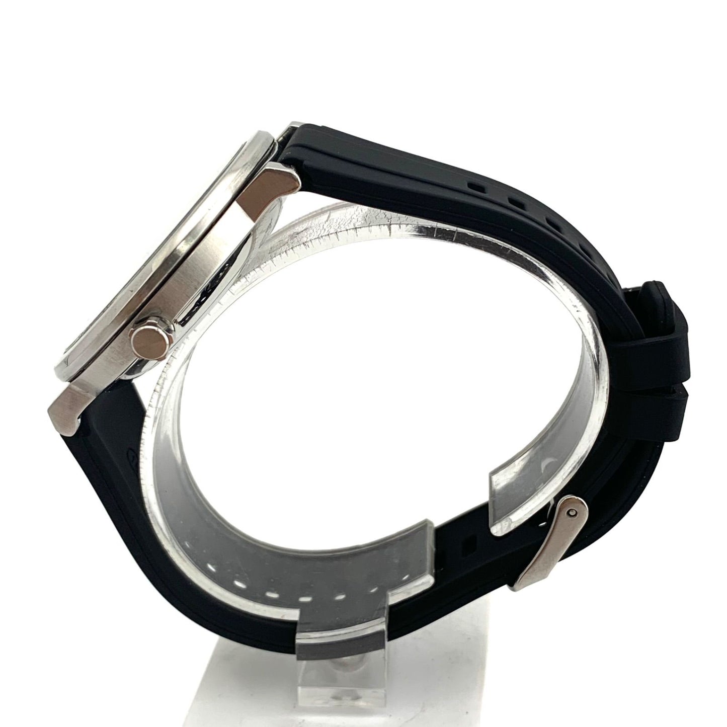 中古CITIZEN E168 Eco-Drive black watch with stainless steel case and new rubber band showing date display
