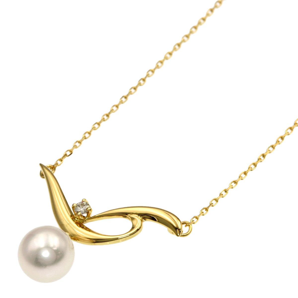 MIKIMOTO ladies pearl diamond necklace in K18 yellow gold with 7.3mm stone and 42.5cm chain