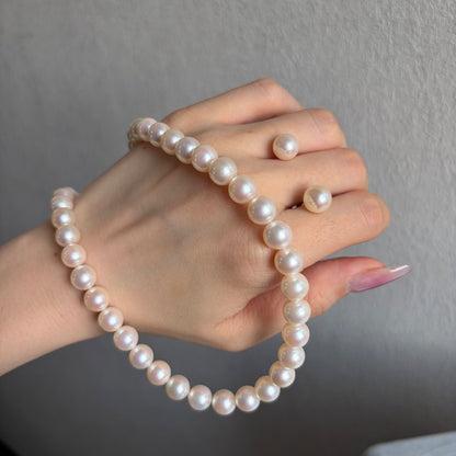 Large 8.5mm light pink Akoya pearl necklace with silver K14WG findings and matching pearl earrings set