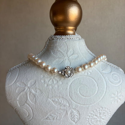 Large 8.5mm light pink Akoya pearl necklace with silver K14WG findings and matching pearl earrings set