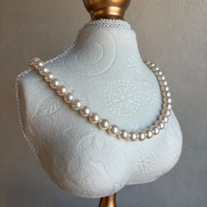 Large 8.5mm light pink Akoya pearl necklace with silver K14WG findings and matching pearl earrings set