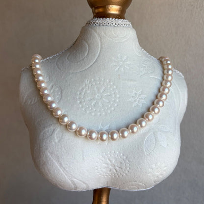 Large 8.5mm light pink Akoya pearl necklace with silver K14WG findings and matching pearl earrings set