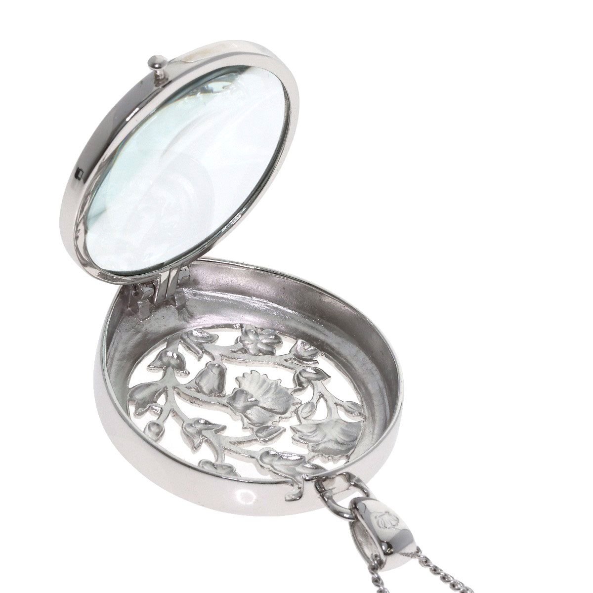 MIKIMOTO pearl necklace with metal chain and attached loupe, detailed close-up view