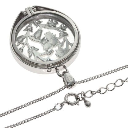 MIKIMOTO pearl necklace with metal chain and attached loupe, detailed close-up view