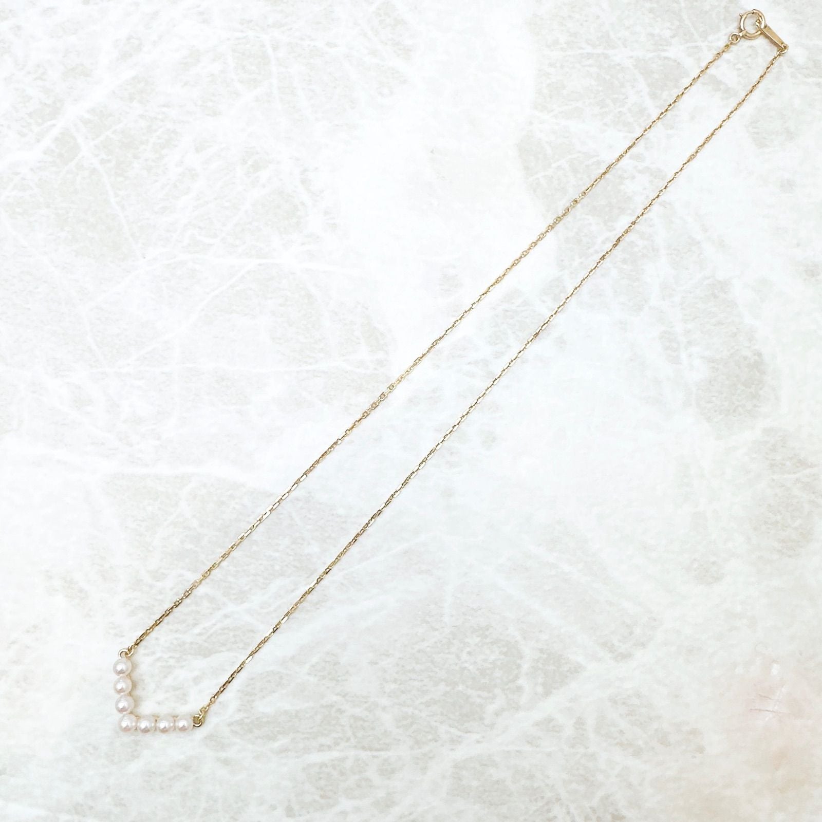 Law Baby Pearl Yellow Gold Necklace with 3.3mm pearls, 40cm length, and 19.5cm wide top detail