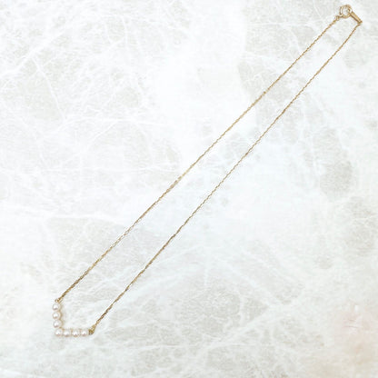 Law Baby Pearl Yellow Gold Necklace with 3.3mm pearls, 40cm length, and 19.5cm wide top detail