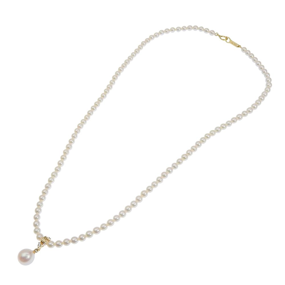 Tasaki pearl necklace with 18k yellow gold chain, freshwater Akoya pearls, and small melee diamonds