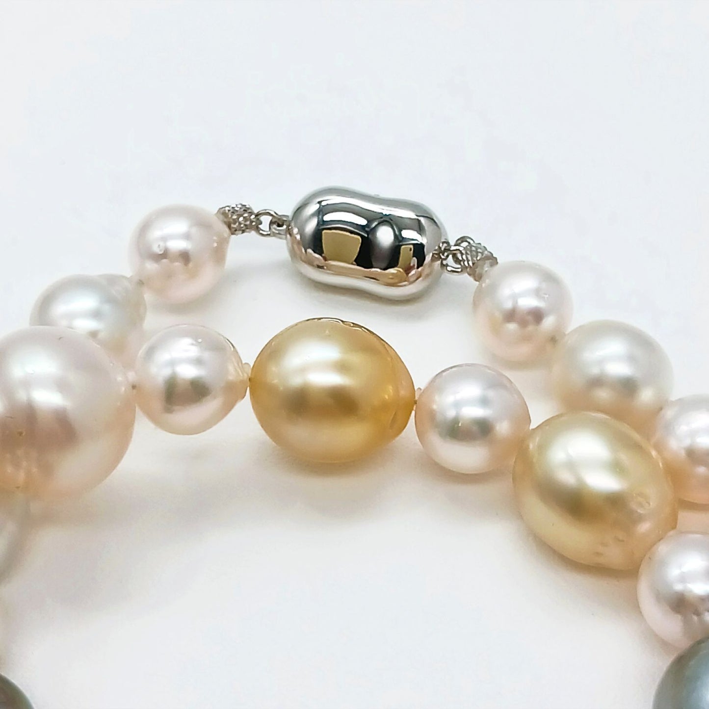 Yamato multi-color necklace with Akoya, South Sea black and white pearls on silver chain, 46cm length