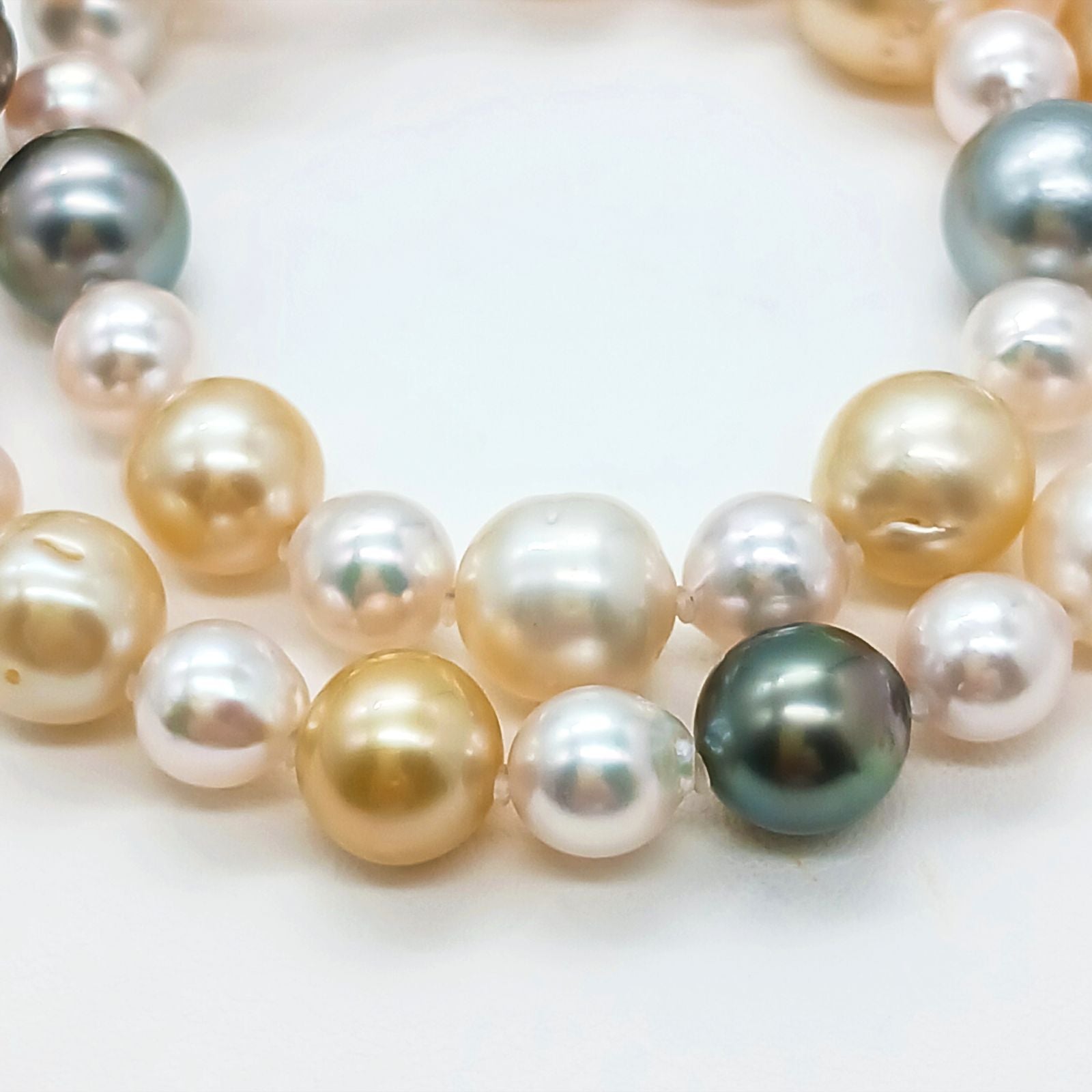 Yamato multi-color necklace with Akoya, South Sea black and white pearls on silver chain, 46cm length