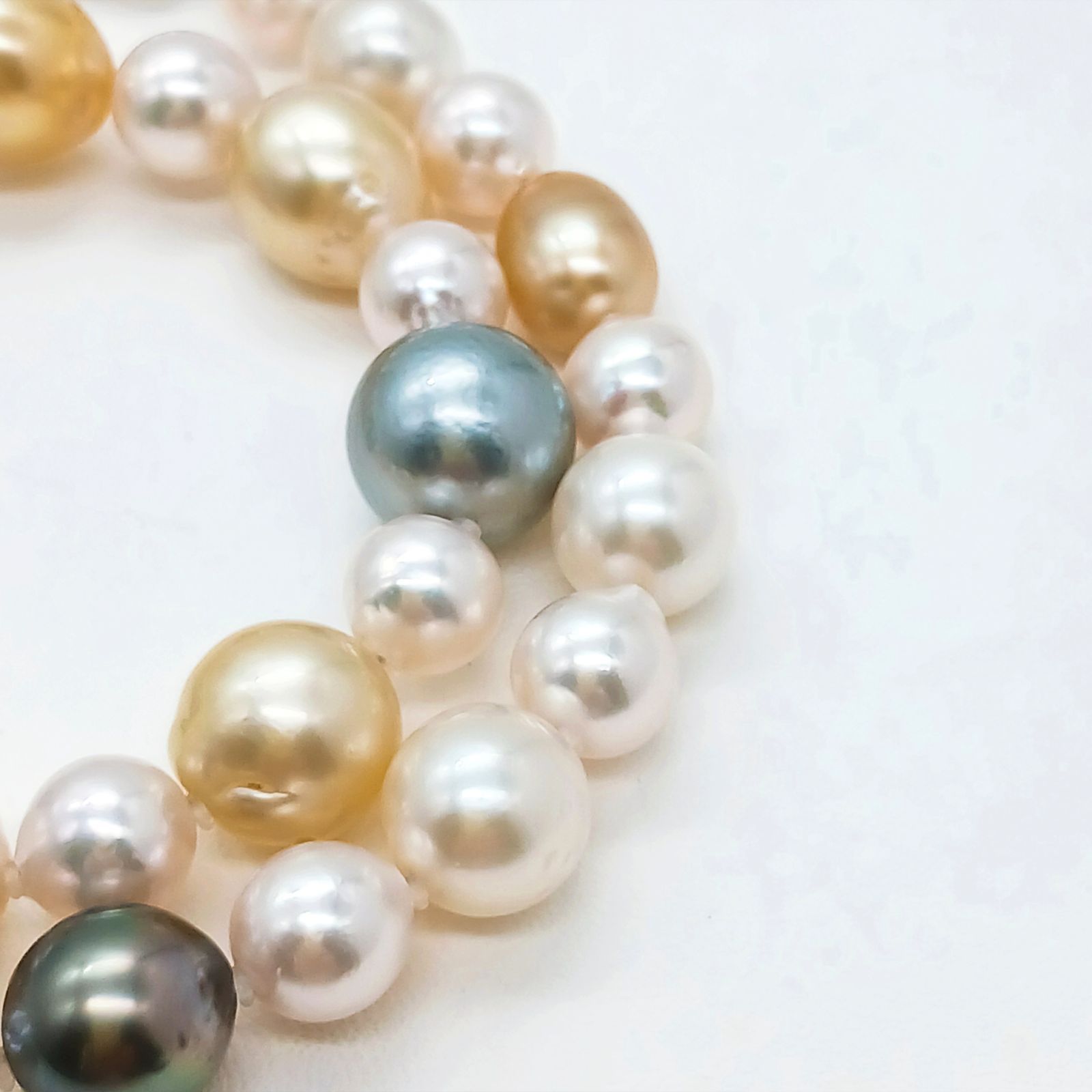 Yamato multi-color necklace with Akoya, South Sea black and white pearls on silver chain, 46cm length