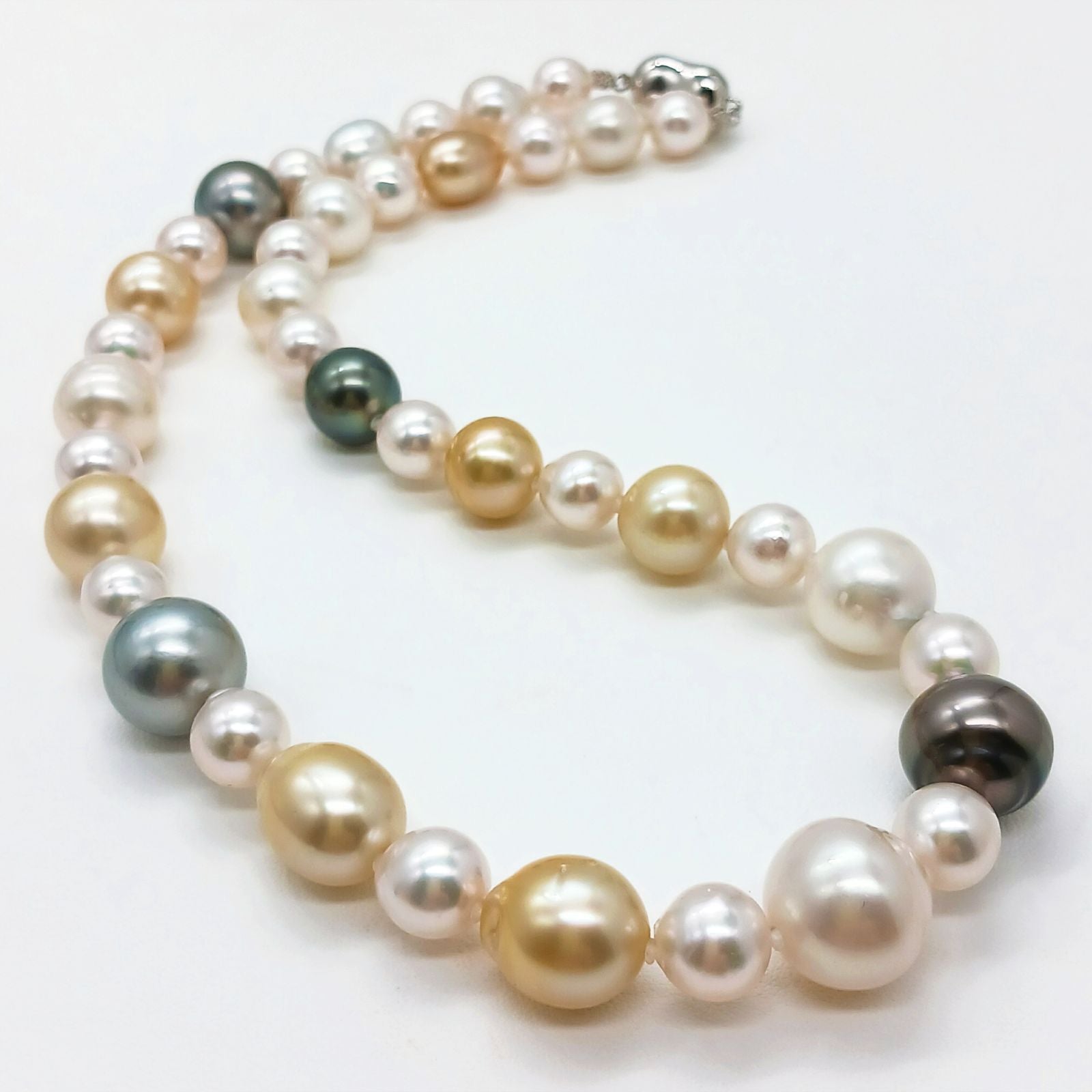 Yamato multi-color necklace with Akoya, South Sea black and white pearls on silver chain, 46cm length