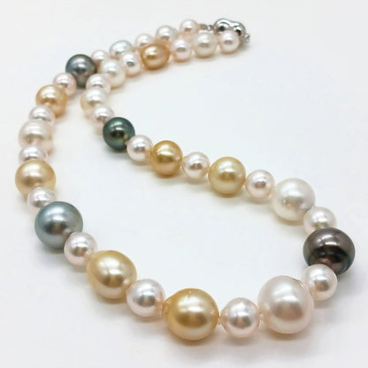 Yamato multi-color necklace with Akoya, South Sea black and white pearls on silver chain, 46cm length