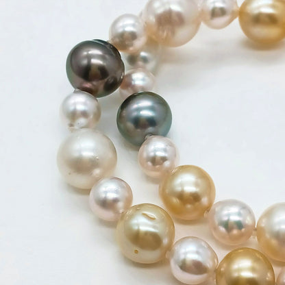 Yamato multi-color necklace with Akoya, South Sea black and white pearls on silver chain, 46cm length