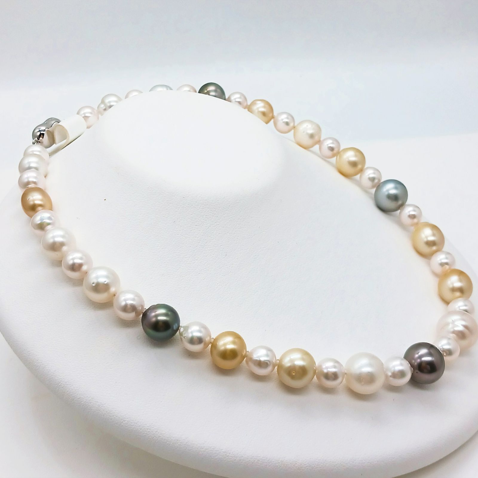 Yamato multi-color necklace with Akoya, South Sea black and white pearls on silver chain, 46cm length