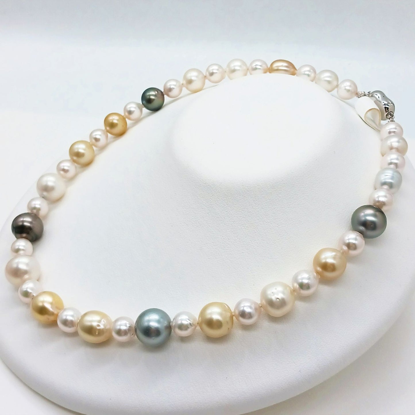 Yamato multi-color necklace with Akoya, South Sea black and white pearls on silver chain, 46cm length